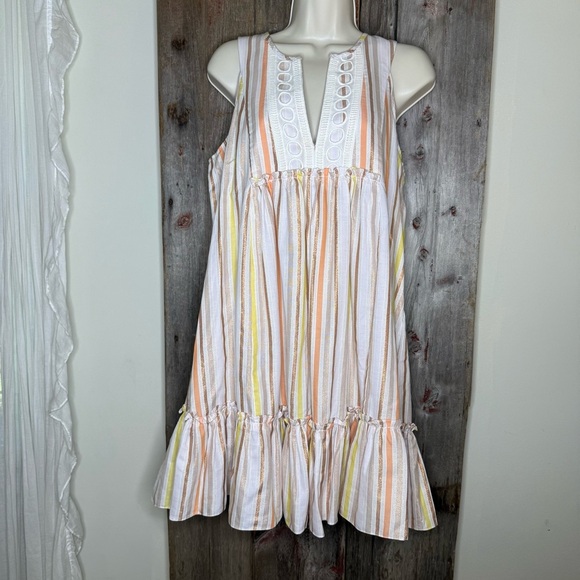 LemLem by Liya Kebede Metallic Striped Bib Dress Ruffle and Crochet Trim Small - Picture 1 of 12